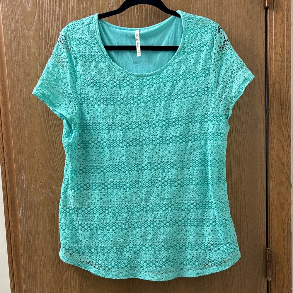 Aqua Blue Lace Overlay Short Sleeve Shirt